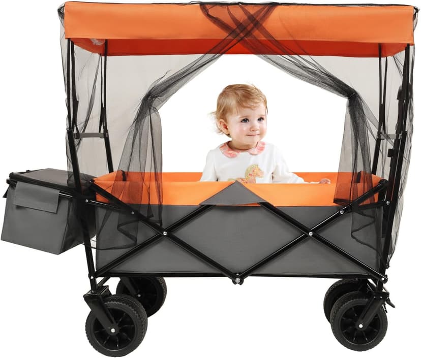 480Lbs Collapsible Wagon with Canopy Steel Orange Large Capacity Mosquito Net Camping Shopping Sports Garden Outdoor-Ready