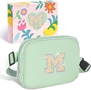 COSHAYSOO Green Belt Bag Crossbody Initial Fanny Pack Preppy Trendy Stuff for Teen Flower Girls 5 6 7 8 9 10 Year Old Personalized Cute Wedding Party Bridesmaid Birthday Easter Gift Letter M