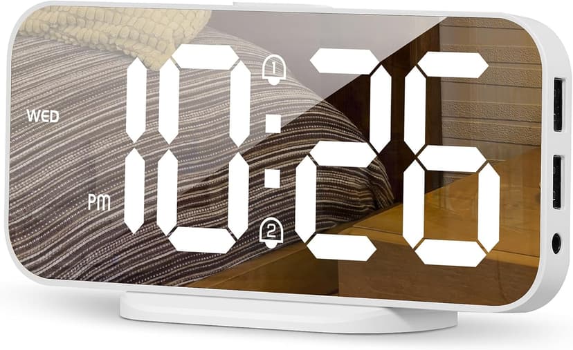SMOUPING Digital Alarm Clock for Bedroom,6.7" LED Clock Mirror Surface with 2 USB Charger Port,Adjustable Brightness,Dual Alarm,Snooze,12/24H,Large Display Clock for Room Decor(White)