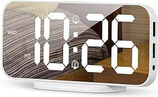 SMOUPING Digital Alarm Clock for Bedroom,6.7" LED Clock Mirror Surface with 2 USB Charger Port,Adjustable Brightness,Dual Alarm,Snooze,12/24H,Large Display Clock for Room Decor(White)