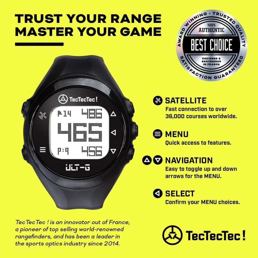 TecTecTec TecTecTec ULT-G Stylish, Lightweight and Multi-Functional Golf GPS Watch, Durable Wrist Band with LCD Display, Worldwide Preloaded Courses - Black