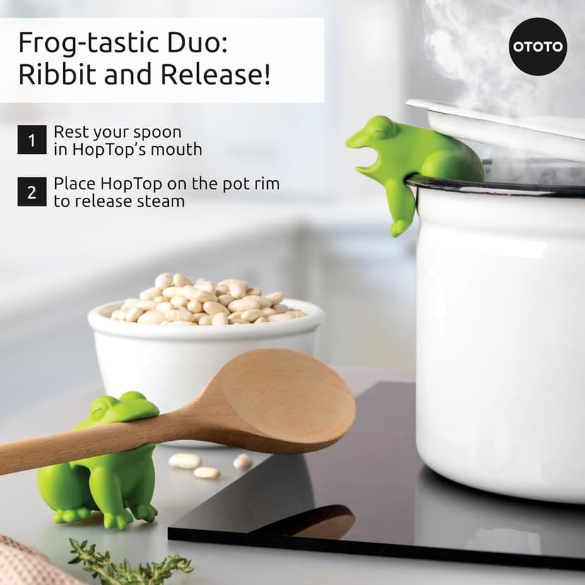 OTOTO New HopTop Frog Spoon Holder for Stove Top - Spoon Rest for Stove Top and Steam Releaser, Cute Kitchen Accessories, Cooking, Cool Gadgets, Fun Kitchen Gifts, White Elephant Gifts