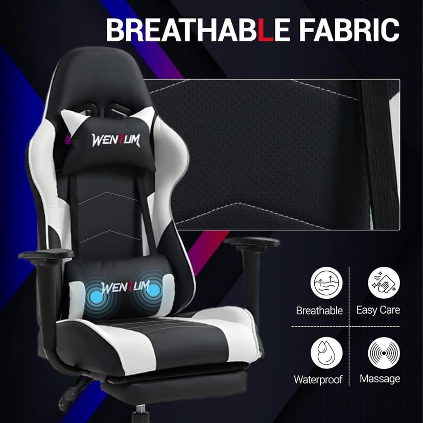 Gaming Chair with Footrest, Ergonomic PC Desk Chair with Headrest and Massage Lumbar Support, Video Game Chair with Height Adjustable High Back for Home Office, PU Leather, White
