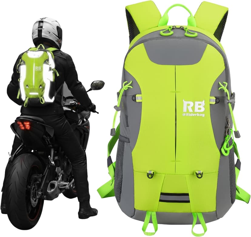 Reflective Motorcycle Backpack – Hi Viz EDC Commuter Bag for Riders, Night Travel, and Daily Use with Helmet Holder, Laptop Compartment, Ventilated Back, Urban Gear (green backpack)