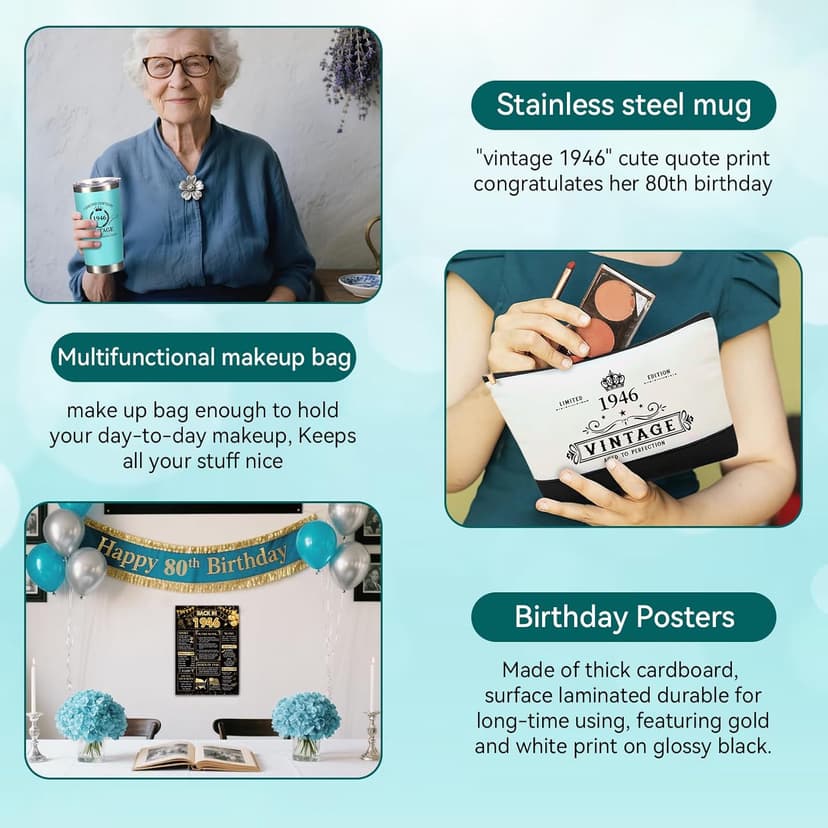 80th Birthday Gifts for Women Her- 4 pcs, Turning 80 Year Old Gifts, Decorations Canvas Beach Tote Bag & Makeup Bag, Unique Happy 80th Birthday gifts for Her Mom Wife Friends