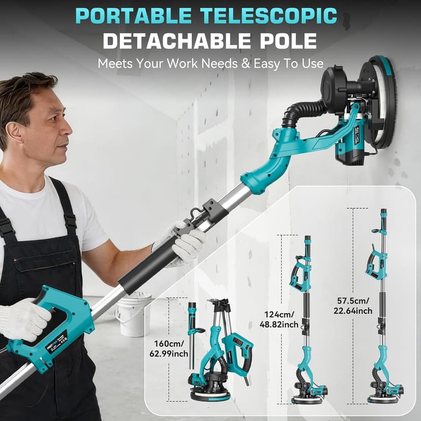 Drywall Sander with Vacuum Dust Collector, 1000W Popcorn Ceiling Removal Tool, Electric Drywall Sander with Digital Display Screen 9 Variable Speed 800-2100RPM, Foldable & Extendable Handle