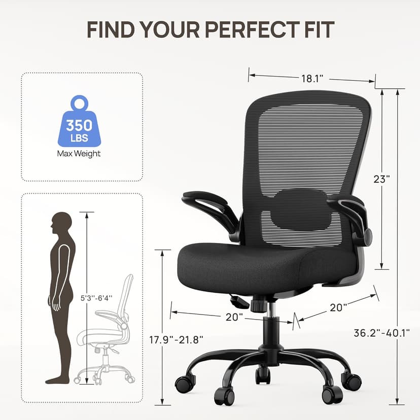 Mimoglad Ergonomic Office Chair - Desk Chair with Flip-up Armrests & 135° Recline, Adjustable Lumbar Support - Space-Saving Task Chair for Business/Team Office & Home (Black, 350lbs)