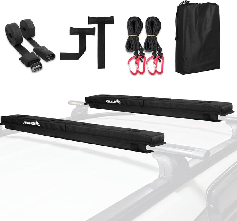 Abahub Soft Roof Rack Pads with 2 Tie Down Straps, 2 Tie Down Ropes, 2 Hood Loops and Storage Bag, for Surfboard, Kayak, Canoe, Heavy Duty Universal Car Roof Racks System Black 30 Inch