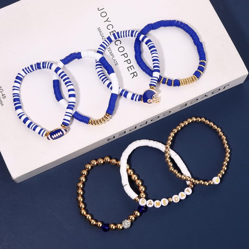Game Day Bracelets for Women - Red, Black, Blue Heishi Clay Beaded Stretch Bracelets - Stackable Sports Charm Bracelet Bangles - Football Mom Accessories & Outfits Jewelry Gifts