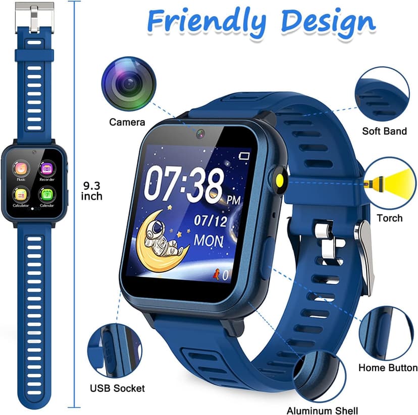 Kids Smart Game Watch with 24 Games HD Touch Screen Video Camera Music Player Pedometer Flashlight Alarm Clock 12/24 hr, Gifts for 5-12 Year Olds Boys