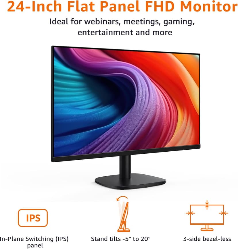 Amazon Basics 24 Inch (23.8 inch viewable) Monitor, FHD 1080P, Max 100Hz, VESA Compatible, Built-in Speakers, Black