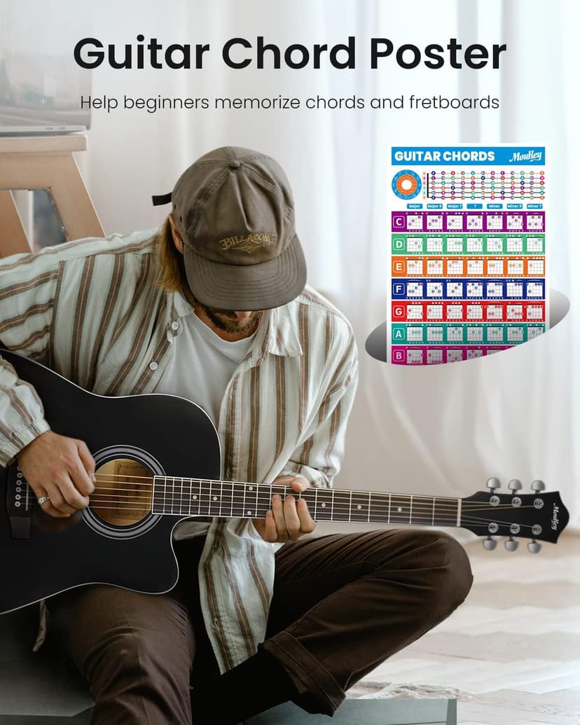 Moukey 41" Acoustic Guitar for Beginners Adult Teen Full Size Guitarra Acustica with Chord Poster, Gig Bag, Tuner,Steel Strings, Capo, Strap - Black