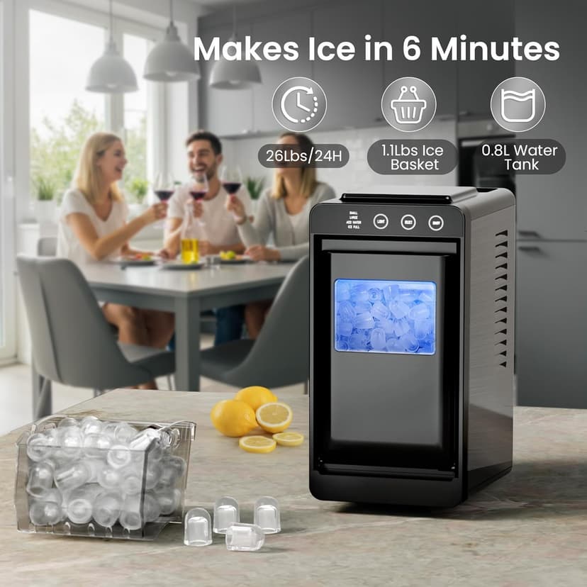 Kismile Portable Countertop Ice Maker Machine, 26lbs Ice in 24Hrs, Self-Cleaning Ice Maker with Selectable Ice Size & Internal Light, Compact Design for Home/Kitchen/Bar