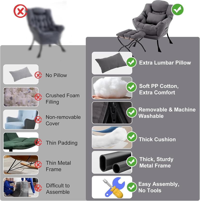 Lazy Chair with Ottoman, Modern Accent Chair with Lumbar Pillow, Dark Grey Sofa, Armchairs with Folding Footrest, Oversized Supportive Chairs for Bedroom, Reading