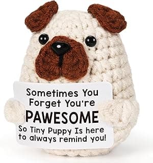 Positive Crochet Animals Puppy for Mom Women Friend Birthday, Emotional Inspirational Support Presents for Pet Lover Dog Mom Dad, Cute Handmade Tiny Pug Plush Doll