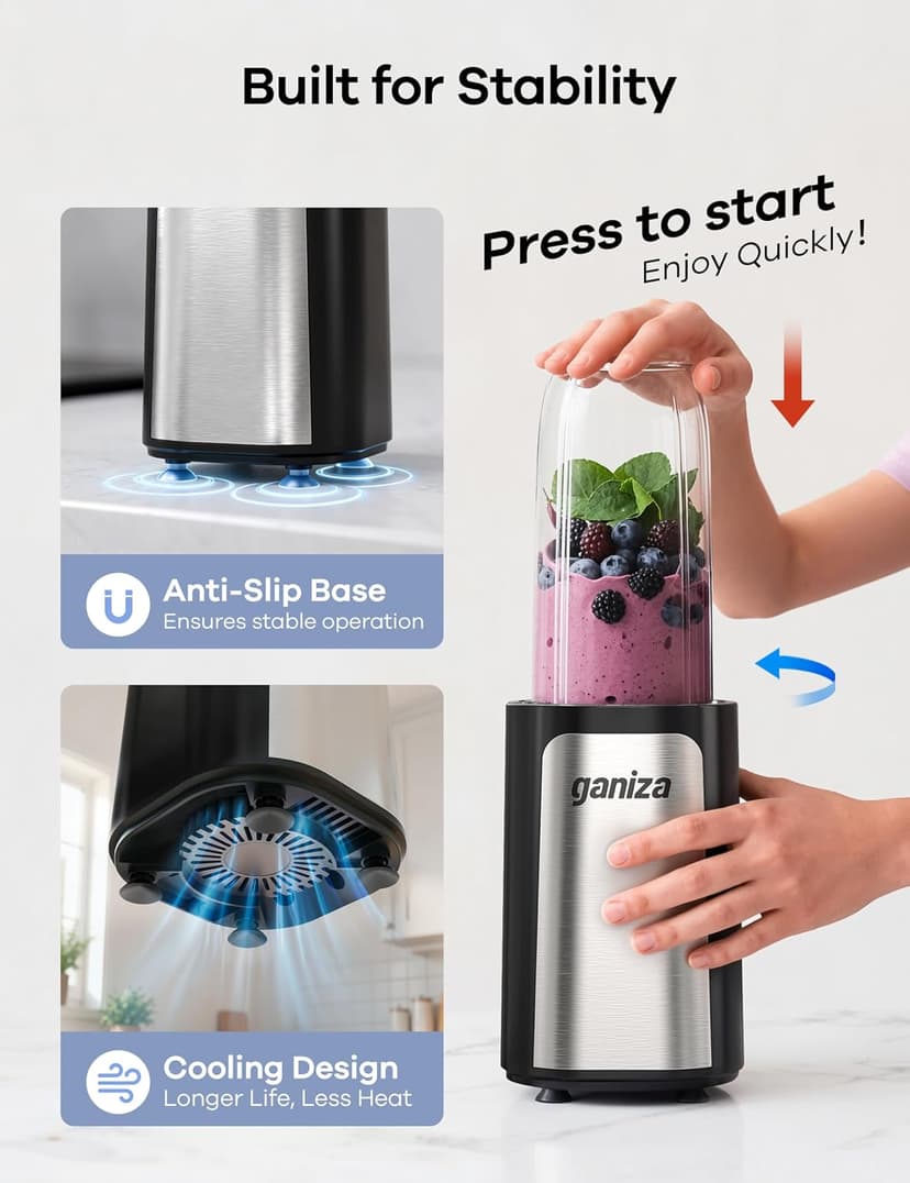 With 3 Portable Cups (1*24oz & 2*17oz), Peak Power 900W Single Serve Smoothie Maker for Kitchen, BPA-Free, Nutritious Recipe Ganiza Smoothie Blender, 14Pcs Portable Personal Blender Shakes & Smoothies B0DJM4QW9B