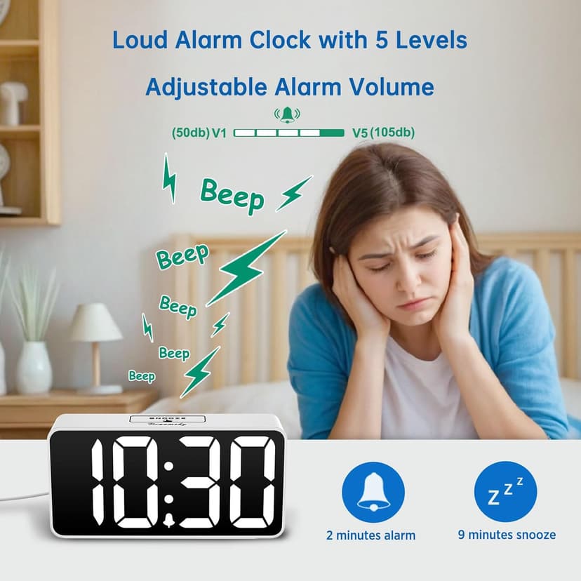 DreamSky Super Loud Alarm Clock for Heavy Sleepers - RGB Small Digital Clock for Kids Bedroom Bedside Nightstand, Electric Desk Clock with Large Number, Dimmer, Adjustable Volume, USB-C Powered