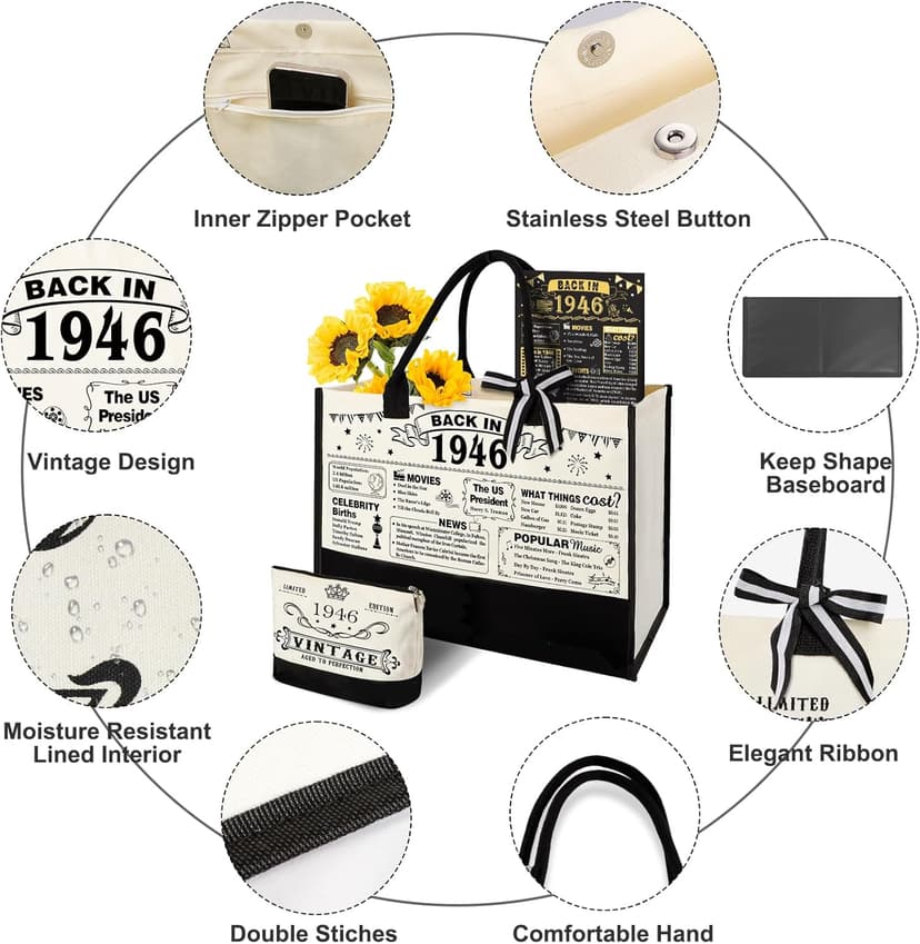YeohJoy 80th Birthday Gifts for Women Canvas Tote Bag Travel Gear, Unique 80 Years Old Birthday Gifts for Mom Wife Aunt Friends Her, Vintage 1945 Handbag & Cosmetic Bag & Back in 1945 Poster