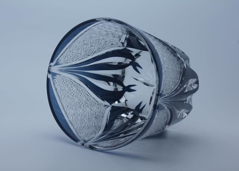 Edo Kiriko Whiskey Glass – Elegant Japanese Style Deep Blue Glass with Chrysanthemum & Flame Motif, Hand-Cut Spirits Tumbler for Whiskey & Cocktails