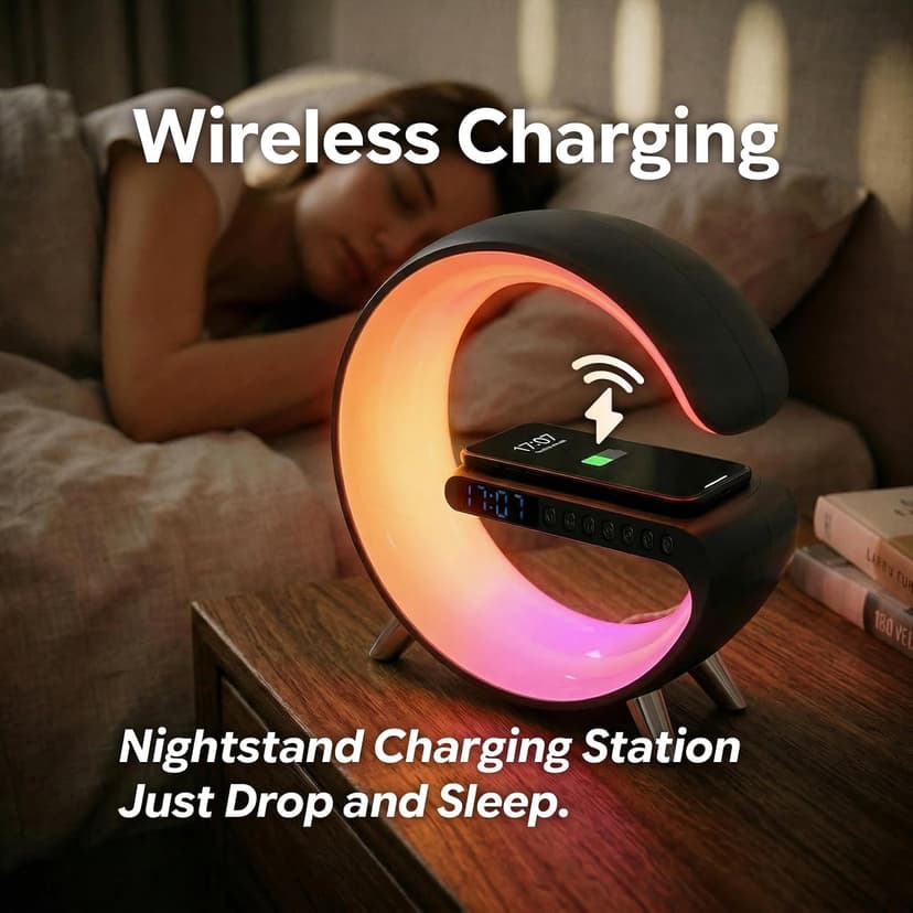 Smart LED Table Lamp for Bedroom with Wireless Charging Bluetooth Speaker, App Controlled Night Light for Kids, Christmas Birthday Gifts for Teens Adults Desk Office Bedroom Decor (Black B0GTYVCXBM