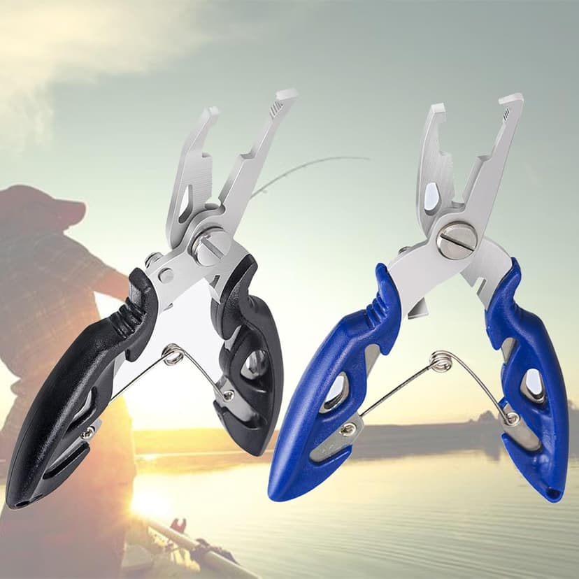 Fishing Pliers, Stainless Steel Fish Hook Remover 2PCS, Multi-Function Fishing Line Cutter Split Ring Opener, Fishing Braid Scissors Gear Accessories Fish Gripper with Lanyard Fly Fishing Tool