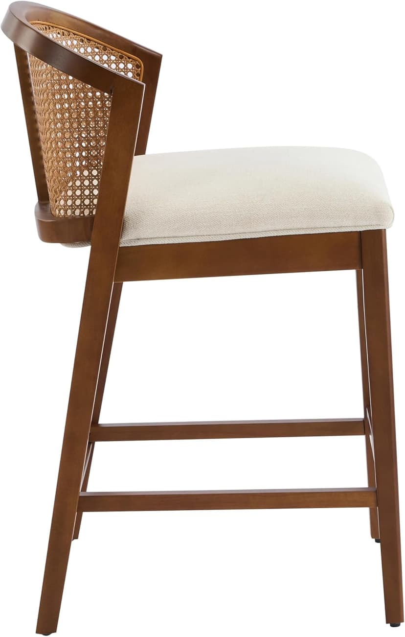 Christopher Knight Home JENA Rattan Counter Stools Set of 2, Counter Height Bar Stools for Bar Table, Rubberwood Frame with Upholstered Barstools, Wood Accent Chair with Footrest, Beige + Walnut
