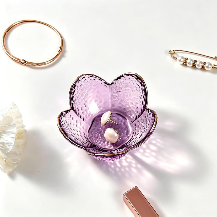 Purple Flower Jewelry Dish Glass Ring Dish Jewelry Tray Cute Vanity Organiser Room Decor Aesthetic Nightstand Bathroom Decor Trinket Dish Ring Holder Valentine's Friendship Birthday Gifts for Women