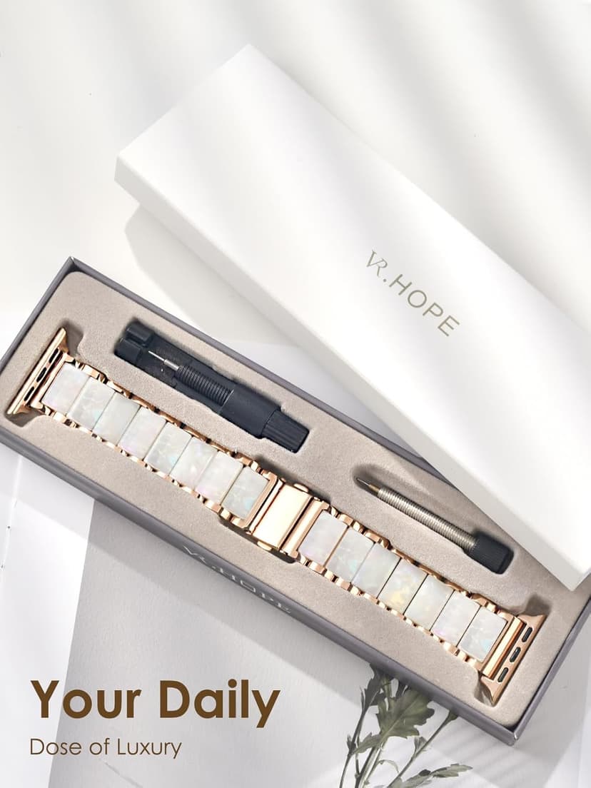 V.R.HOPE Apple Watch Band for Women 38mm 40mm 41mm 42mm Fashion Rose Gold Stainless Steel Metal Strap with Resin Inlay, Fashion Bracelet Compatible with iWatch Series 11/10/9/8/7/6/5/4/3/2/1/SE (Fluorescent White+Rose Gold)