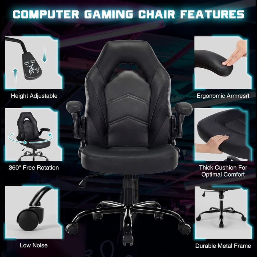 Sweetcrispy Computer Gaming Desk Chair - Big Tall Ergonomic Lumbar Support with Flip-up Armrest and 360° Swivel Wheels, PU Leather Height Adjustable, for Home and Office, Black