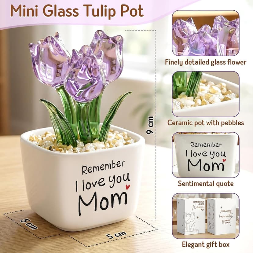 Remember I Love You Mom - Mom Birthday Gifts for Mothers - Collectible Flower Figurine Birthday Gifts for Mom from Daughter Son - Mini Purple Glass Tulip B0GTLL16WJ