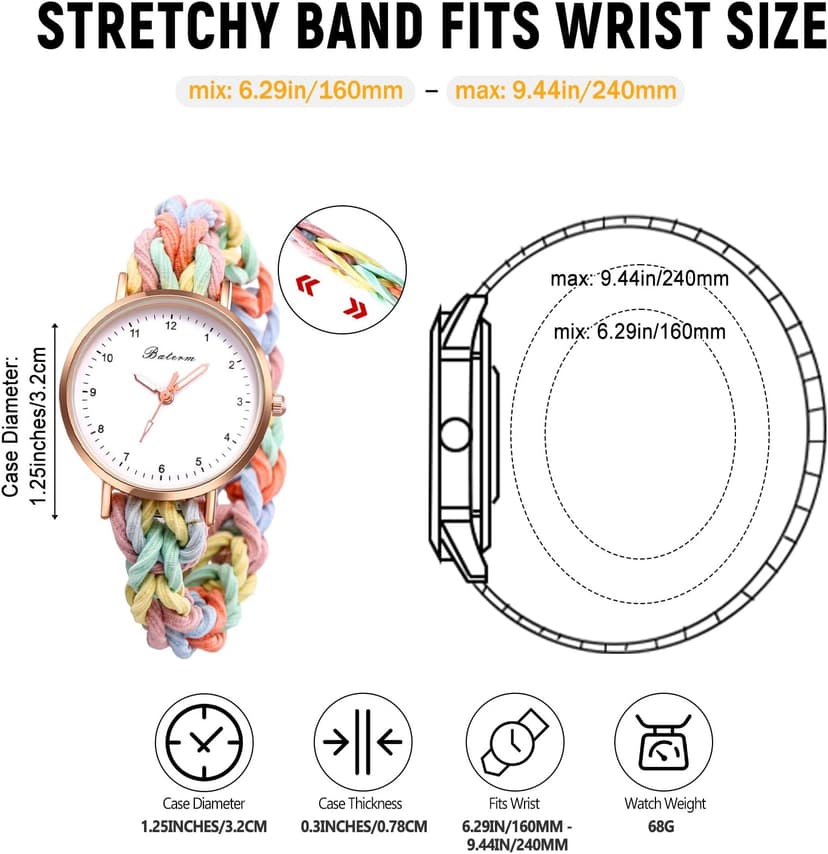 JewelryWe Womens Stretch Band Watches: Analog Quartz Elastic Watch Colorful Weave Rope Expansion Band Wristwatch for Valentine's Day