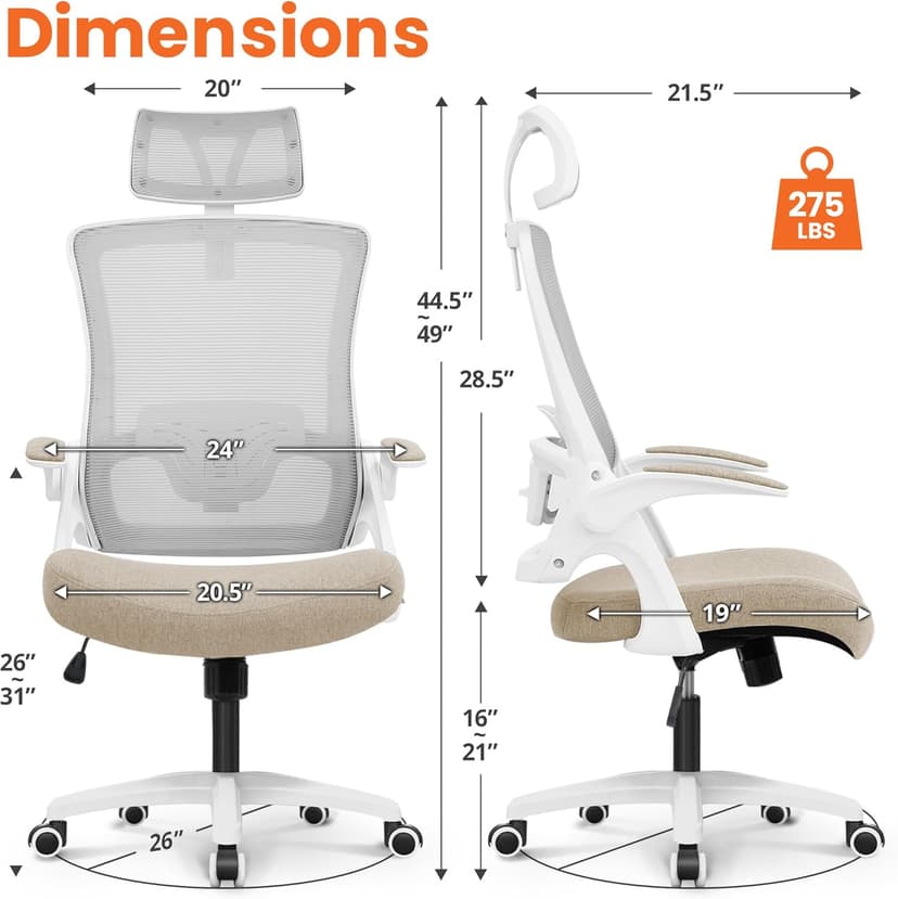 NEO CHAIR Office Desk Chair Gaming Computer High Back Support Mesh Comfy Seat with Adjustable Ergonomic Headrest Lumbar Rolling Flip-up Armrests and Wheels (Beige)