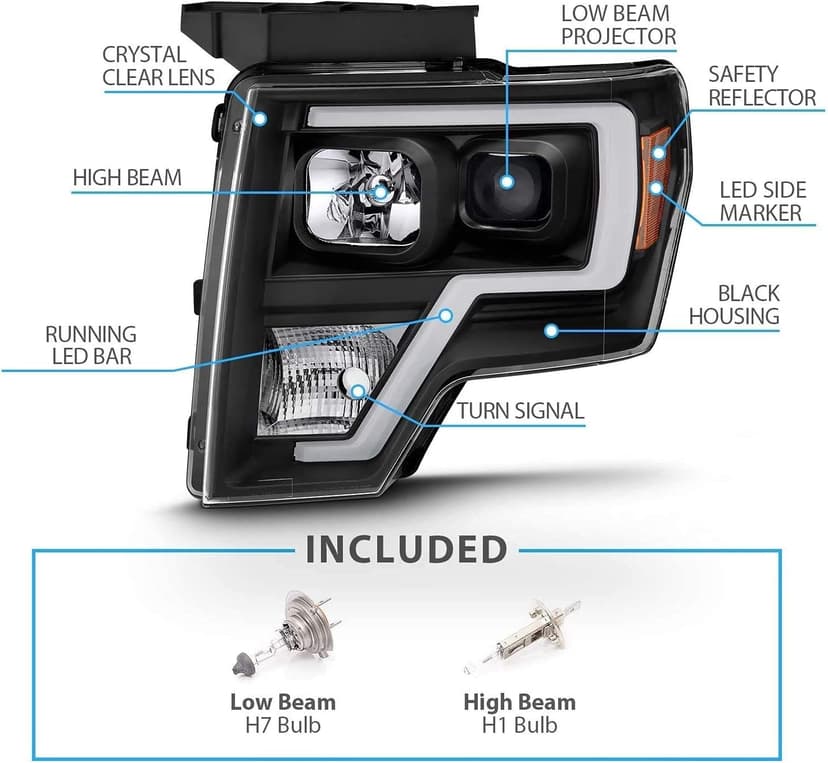 AmeriLite for 2009-2014 Ford F150 Truck LED Bar Square Projector Halogen Black Headlights Set High/Low Beam Bulb Included - Driver and Passenger Side