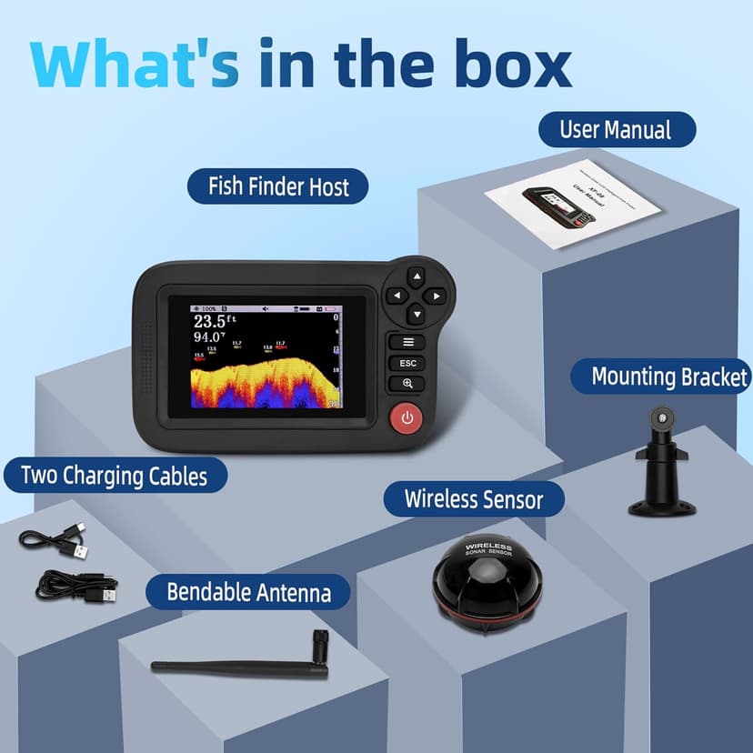 Portable Rechargeable Fish Finder, Wireless Sonar FishFinder, Castable Kayak Depth Finder with 105° Beam Angle and TFT LCD Display, 2.6-164 FT of Depth Locator, for Shore, Sea ＆ Ice Fishing