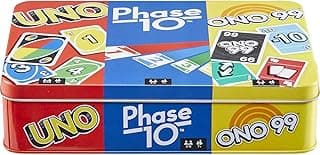 Mattel Games Set of 3 Card Games with UNO, Phase 10 & ONO 99, Travel Fun for Kids & Family Night with Storage Tin Box (Amazon Exclusive)