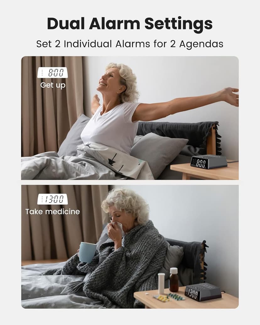 JACKYLED Alarm Clock with 4 USB Chargers Power Strip 3 Outlets 1700J Surge Protector Nightstand Dimmable Digital Clock with Dual Alarm and Snooze Function for Bedroom, Full Screen LED Display