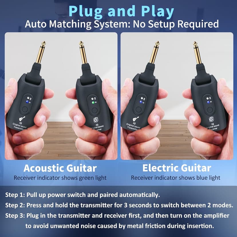 INGPARTNER 2.4GHz Wireless Guitar System Rechargeable Audio Wireless Transmitter Receiver for Guitar Bass Electric Instruments,Over 30m/100 Feet Transmission,270°Rotatable,4hours Woring Time（A9 Black）