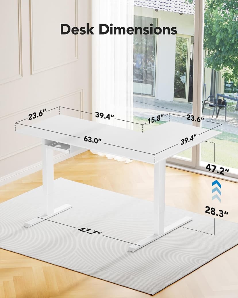 HUANUO L-Shaped Standing Desk, 63 x 40 inch Dual Motor Corner Standing Desk, Electric Height Adjustable Computer Desk with Cable Tray & 3 Preset Heights, Raising Desk for Home Office, White, HNESD109