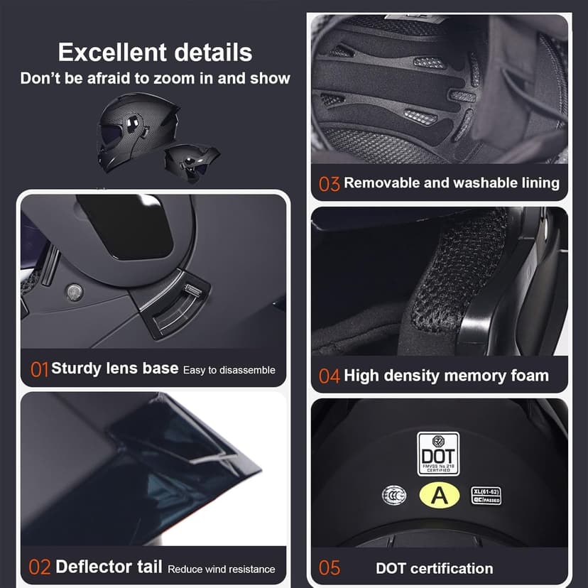 Motorcycle Bluetooth Modular Helmet DOT Approved Dual Visor Full Face Flip up Integrated Motorcycle Helmets Double Visor Helmet Built-in Dual Speaker Microphone Waterproof Adults Men Women M-XXL