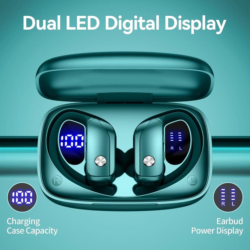 bmani Ear Buds Wireless Earbuds Bluetooth Headphones with 80H Playtime LED Display Case, Over-Ear Hook with Mic, Stereo Sound, Easy Button Controls, Sports Earphones for Running Workout Gym Green