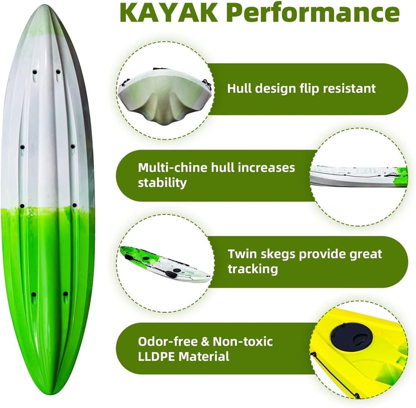 Fishing Kayaks, 12.4FT Sit on Top Kayak for 2-3 Person Adults with Paddle & Comfortable Seat, Capacity of 600LBS, Hard Shell Recreational Ocean Kayak Boat, Green