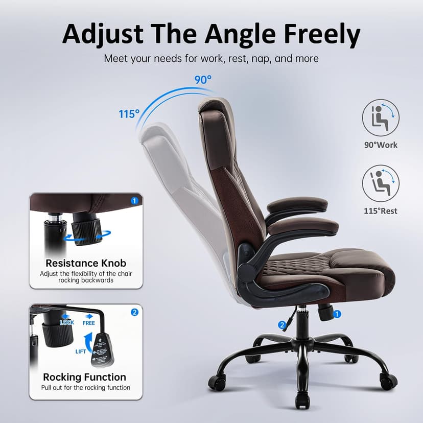 amseatec Office Chair, Executive PU Leather Chair, Ergonomic Computer Desk Chair with Lumbar Support and Adjustable Flip-Up Arms, Rocking Task Chair (Brow