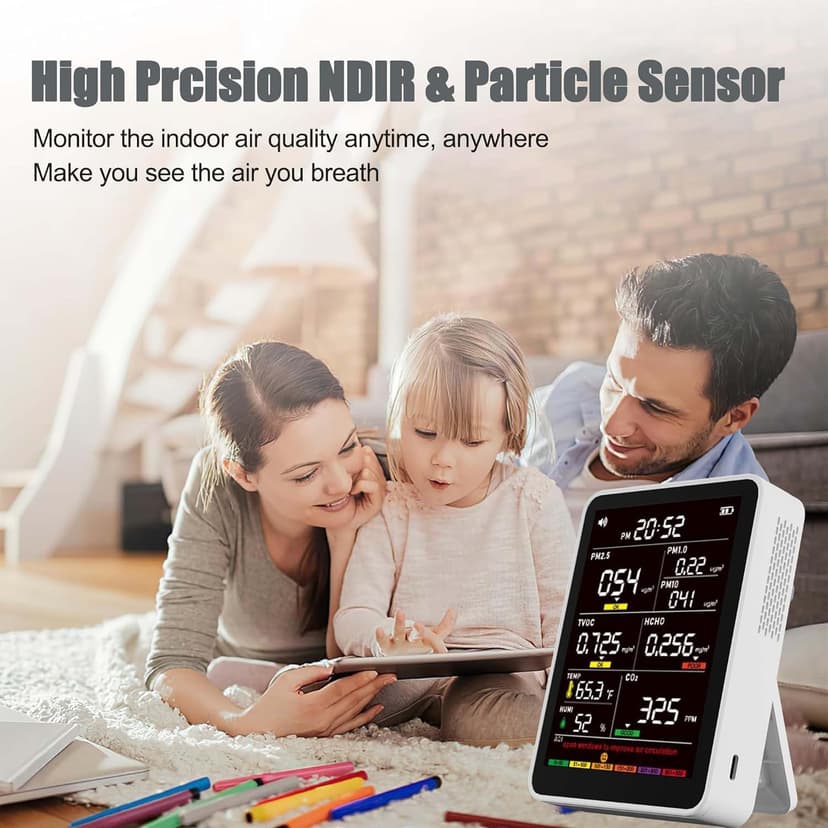 Professional Indoor Air Quality Monitor with AQI Alerts, Portable Real-Time Detector for Home, Car, Plants & Pet (Milk White)