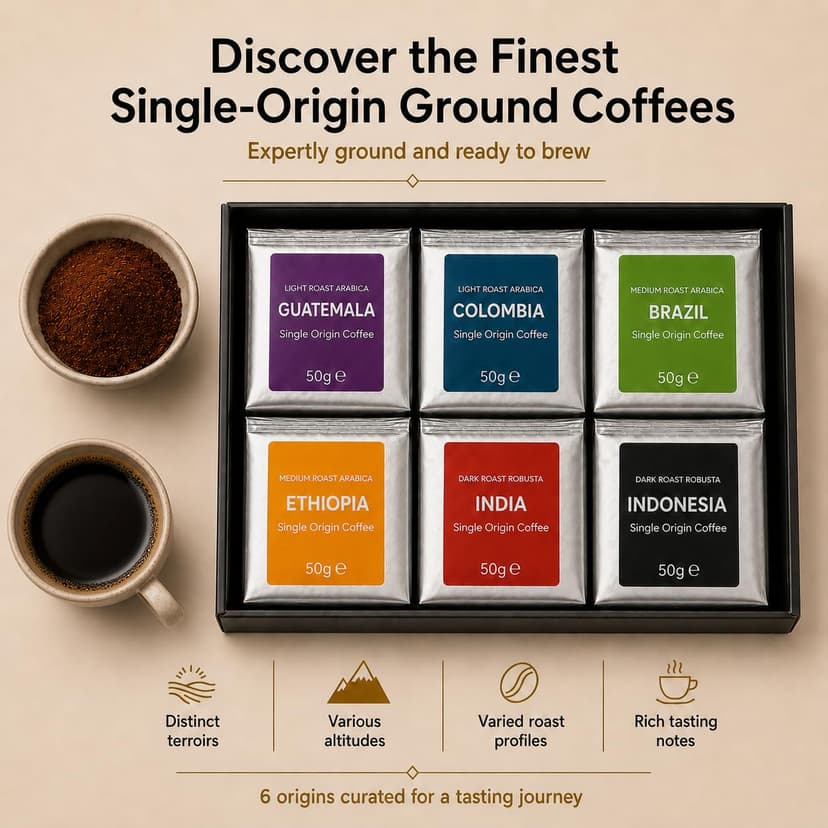 UNIQBITE World Coffees Gift Set, Six Single Origin Ground Coffee Variety Pack, Coffee Sampler from Around the World, Light, Medium & Dark Roasts, Roasted in Italy, 10.58 oz (300g) B0H3XNK2G3