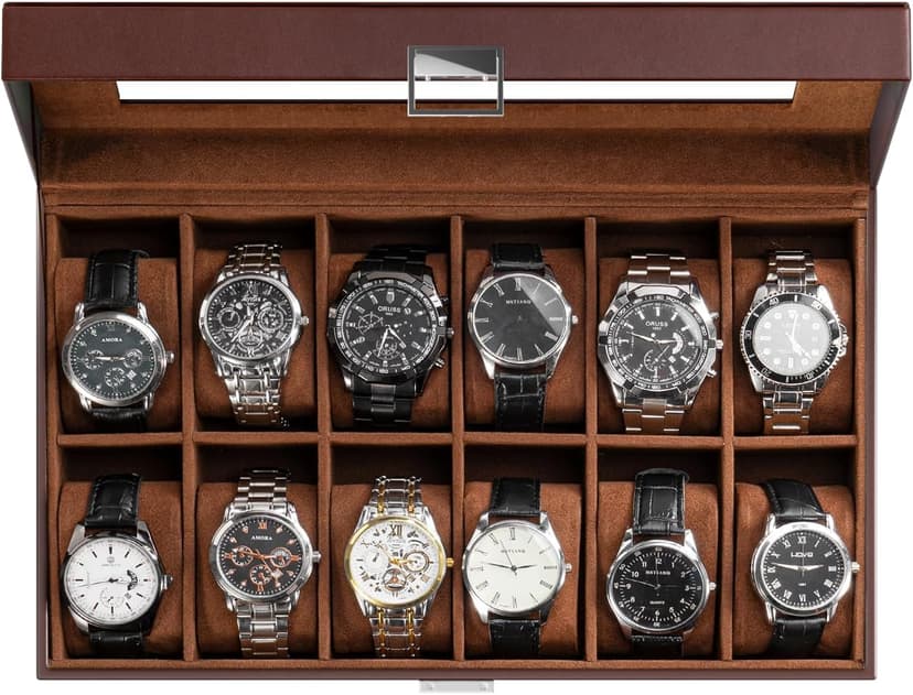 ProCase ProCase Watch Box Organizer, 12 Slot Watch Display Case With Glass Lid, Watch Storage Holder Mens Watch Case, Anniversary Birthday Valentine Gifts for Men Women -12 Slot, Brown