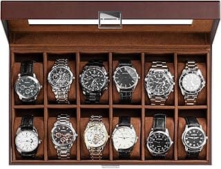 ProCase ProCase Watch Box Organizer, 12 Slot Watch Display Case With Glass Lid, Watch Storage Holder Mens Watch Case, Anniversary Birthday Valentine Gifts for Men Women -12 Slot, Brown