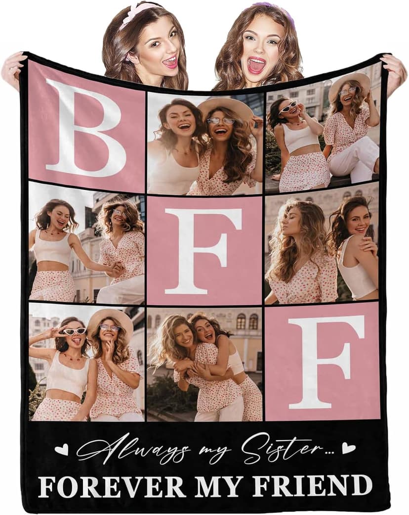 BFF Personalized Blanket with Photo and Pictures - Customized Gift for Best Friendship - Women Friends Personalized Gift, 8 Sizes B0CXXTGWKL