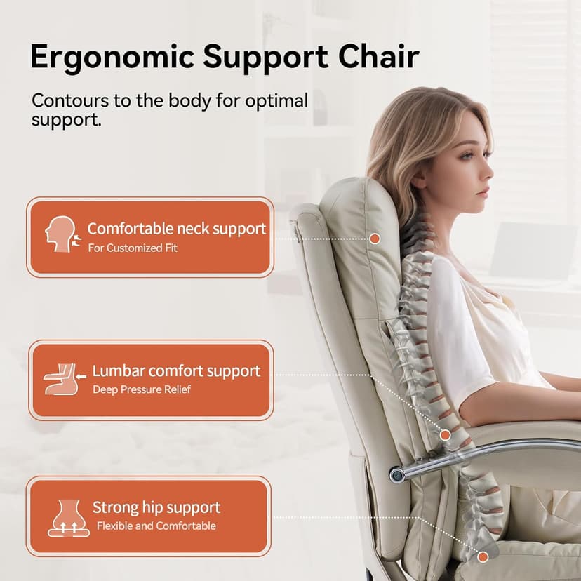 LEAGOO Office Chair with Foot Rest, Ergonomic Executive Office Chair with Arms, Reclining High Back PU Leather Comfy Swivel Computer Desk Chairs with Wheels and Lumbar Support for Home Office, Cream