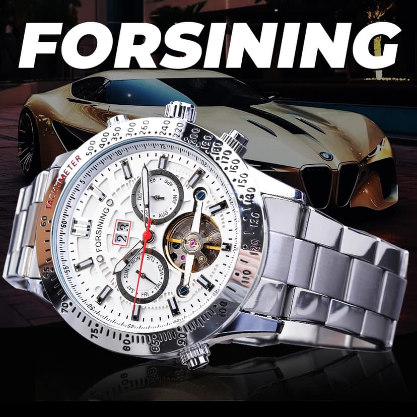 FORSINING Men Tourbillon Mechanical Self-Wind Watch, Day Date Month Full Calendar, Luminous Tachymeter Multifunctional Automatic Watches, Carved Big Dial Stainless Steel Band Wrist Watch