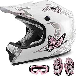 XFMT Kids Dirt Bike Helmet Youth Motorcycle Helmet DOT-Certified Full Face Helmets for Motocross ATV Off-Road Street Bike with Goggles & Gloves, Pink Butterfly X-Large